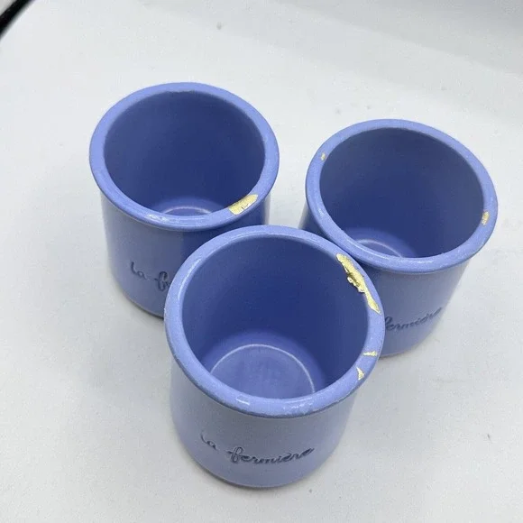 Set Of 3 La Fermiere Periwinkle Terra Cotta Pottery Yogurt Pots - Picture 3 of 5